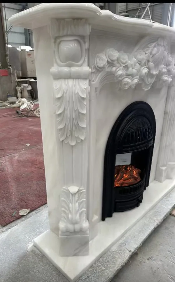 polished white marble stone fireplace